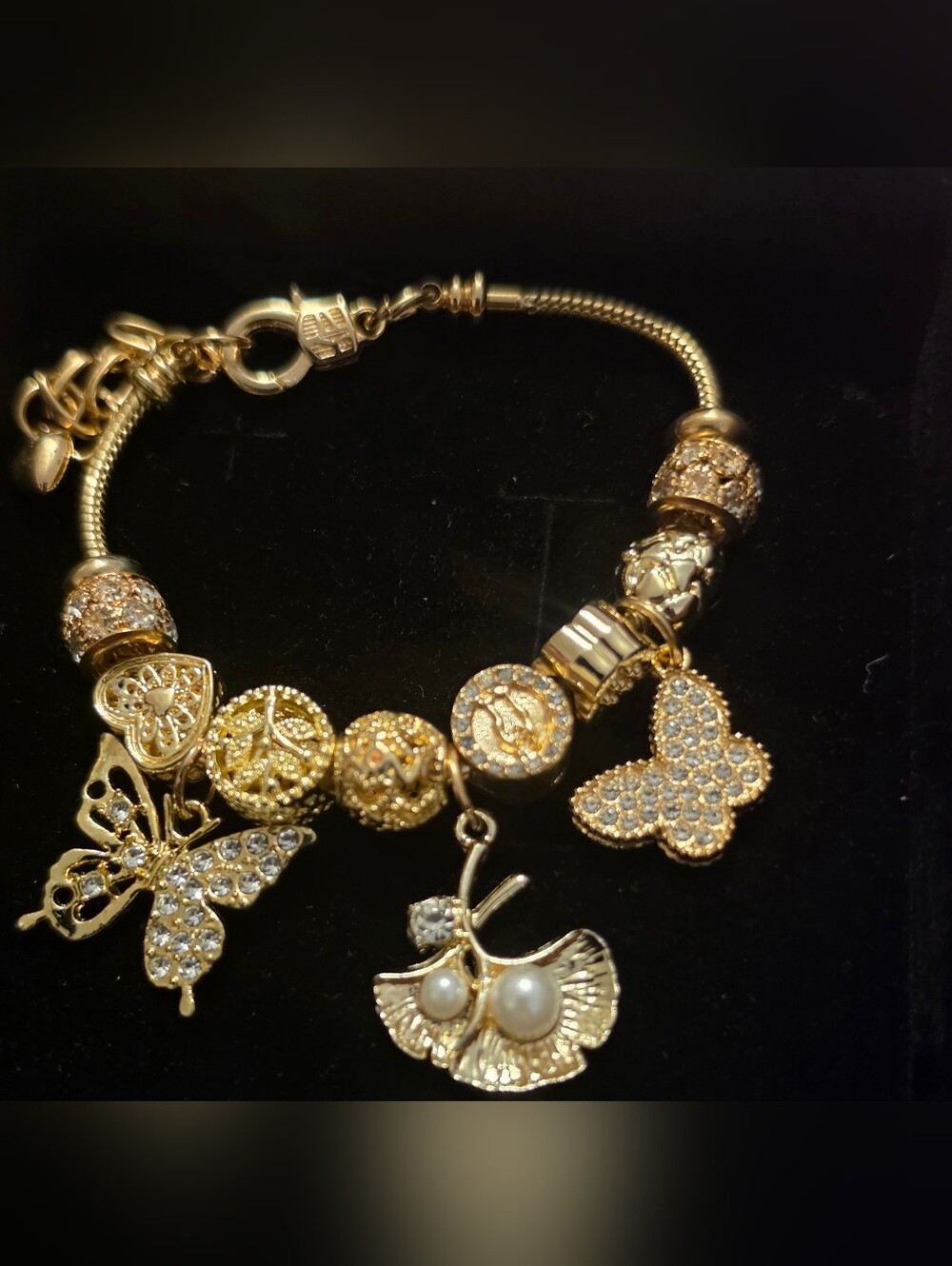 Gold Charm Bracelet with Butterfly and Pearl Charms - Women Jewelry
